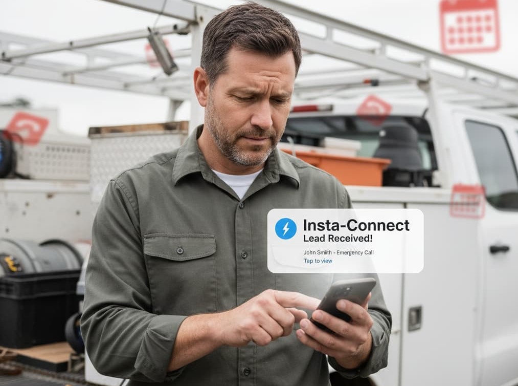 A contractor happy to receive an instant , contrasted with a missed call.