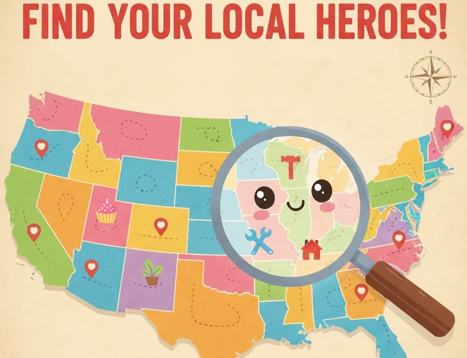 A giant map of the USA with a magnifying glass.