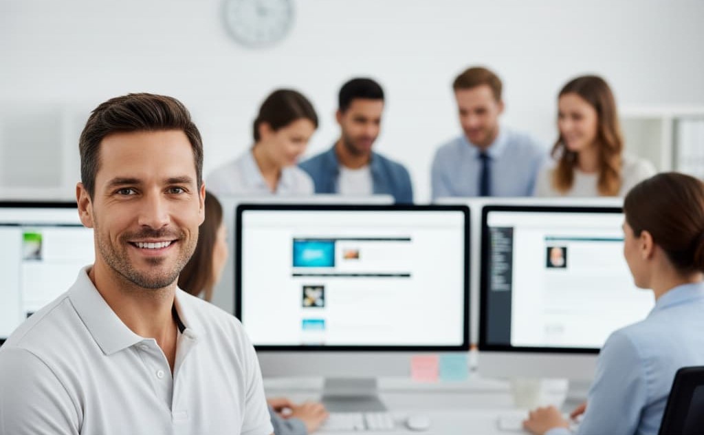 A happy business owner relaxing while a team builds their website.