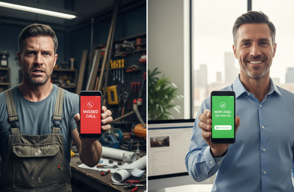 A contractor happy to receive an instant , contrasted with a missed call.